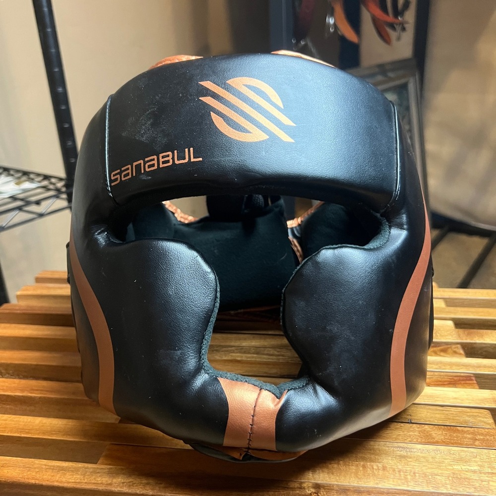 Sanabul Essential Boxing MMA Headgear Black Copper Sparring Head Guard L/XL
